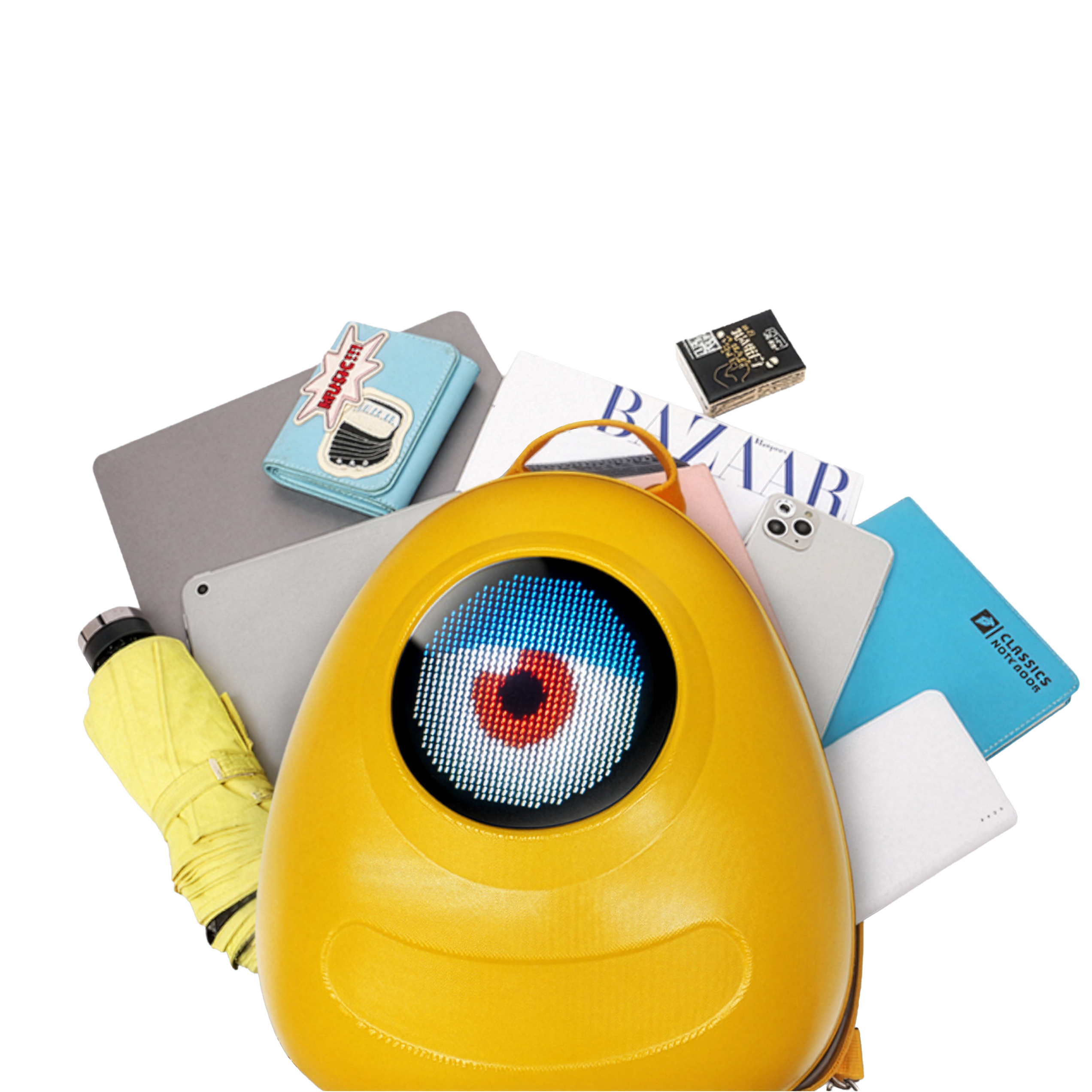 Yellow Ldb Ledback Buddy Backpack placed partly on top of school supplies, a yellow umbrella, a phone and tablet, and a wallet, viewed at an angle, isolated on a transparent background.