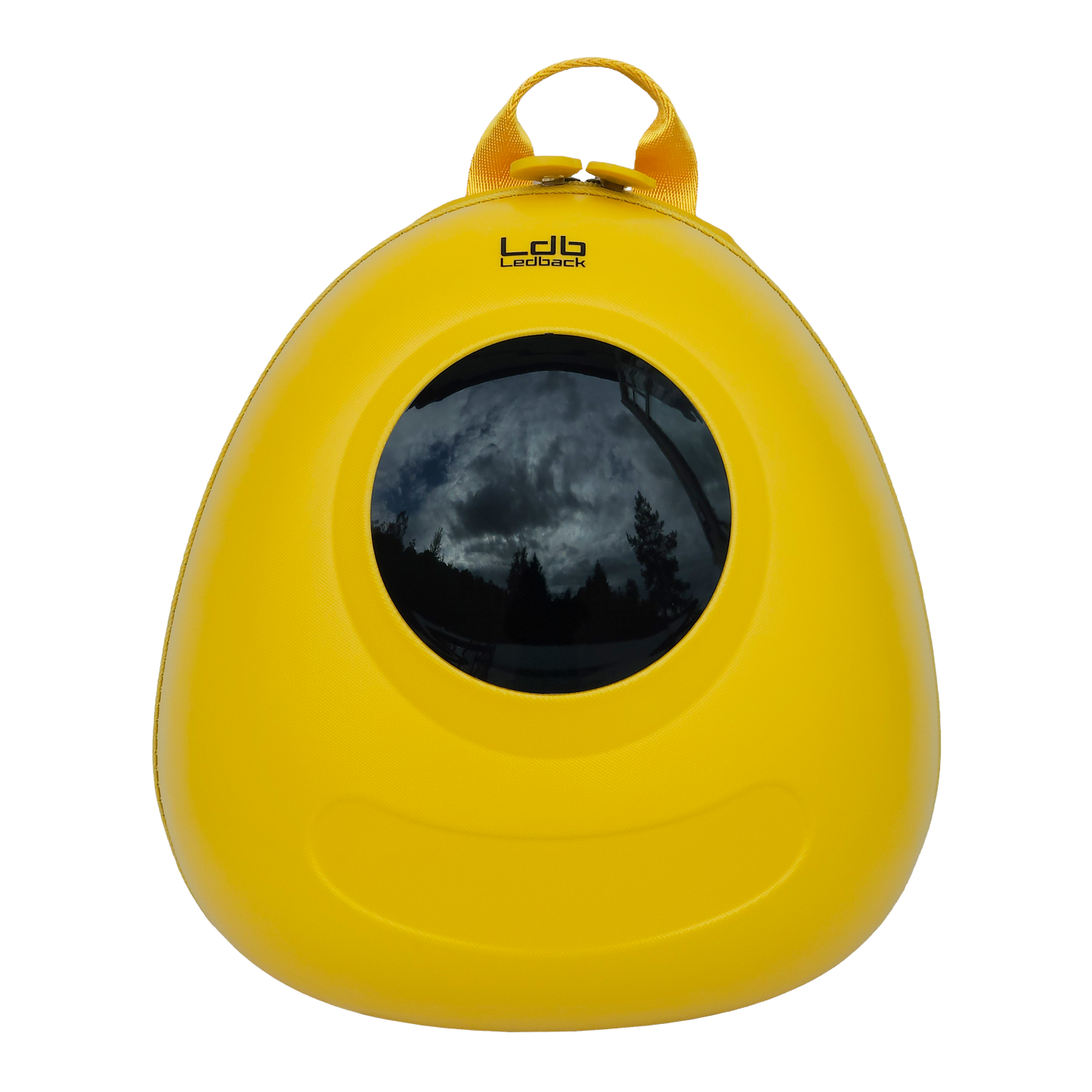 Ldb Ledback Buddy Smart LED Backpack in Lemon Drop Yellow with a blacked out round LED screen, shown from the front isolated on a transparent background.