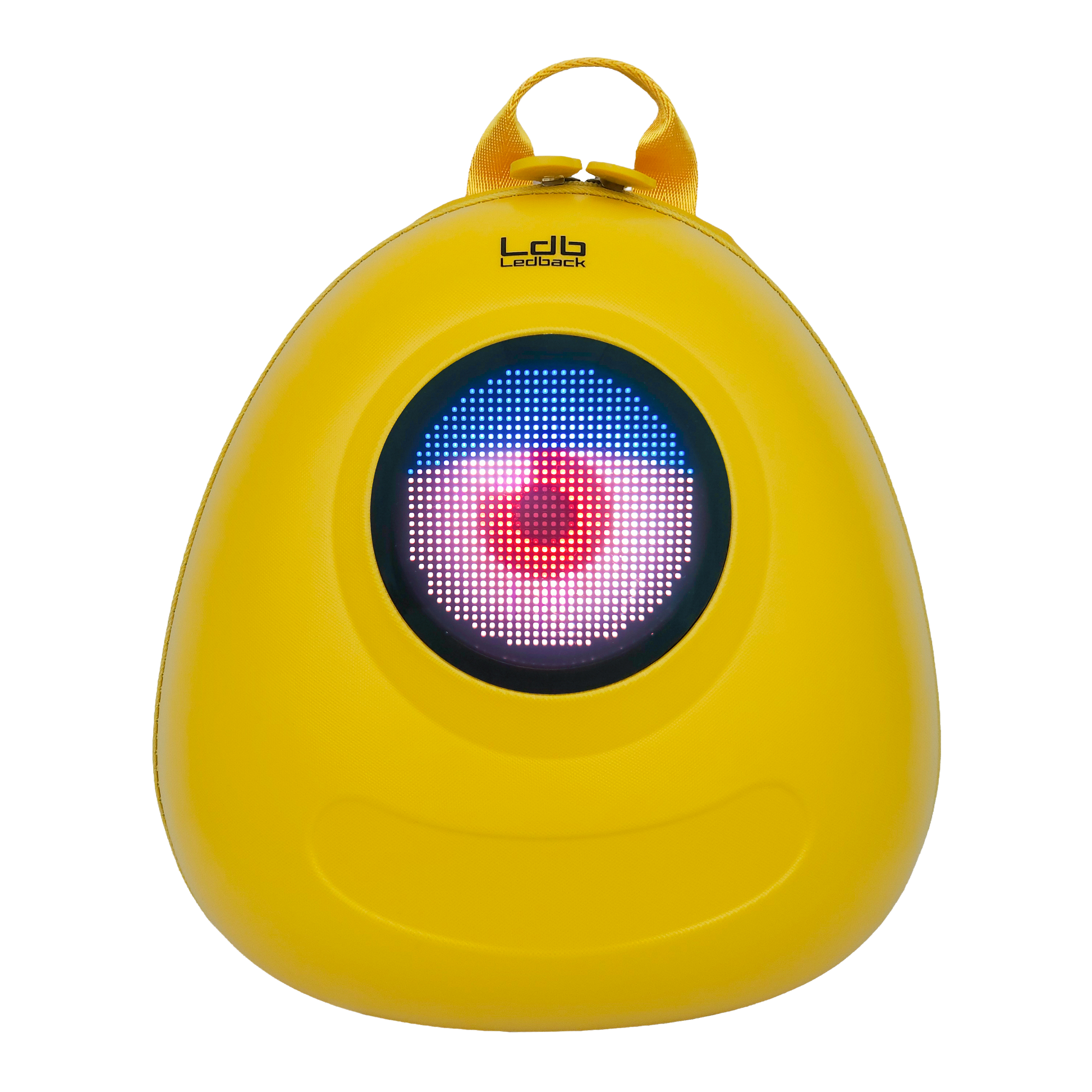 Ldb Ledback Buddy Smart LED Backpack in Lemon Drop Yellow with a round LED screen displaying a white eye with red pupil and a half shut blue eye lid, shown from the front isolated on a transparent background.