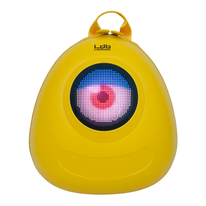Ldb Ledback Buddy Smart LED Backpack in Lemon Drop Yellow with a round LED screen displaying a white eye with red pupil and a half shut blue eye lid, shown from the front isolated on a transparent background.