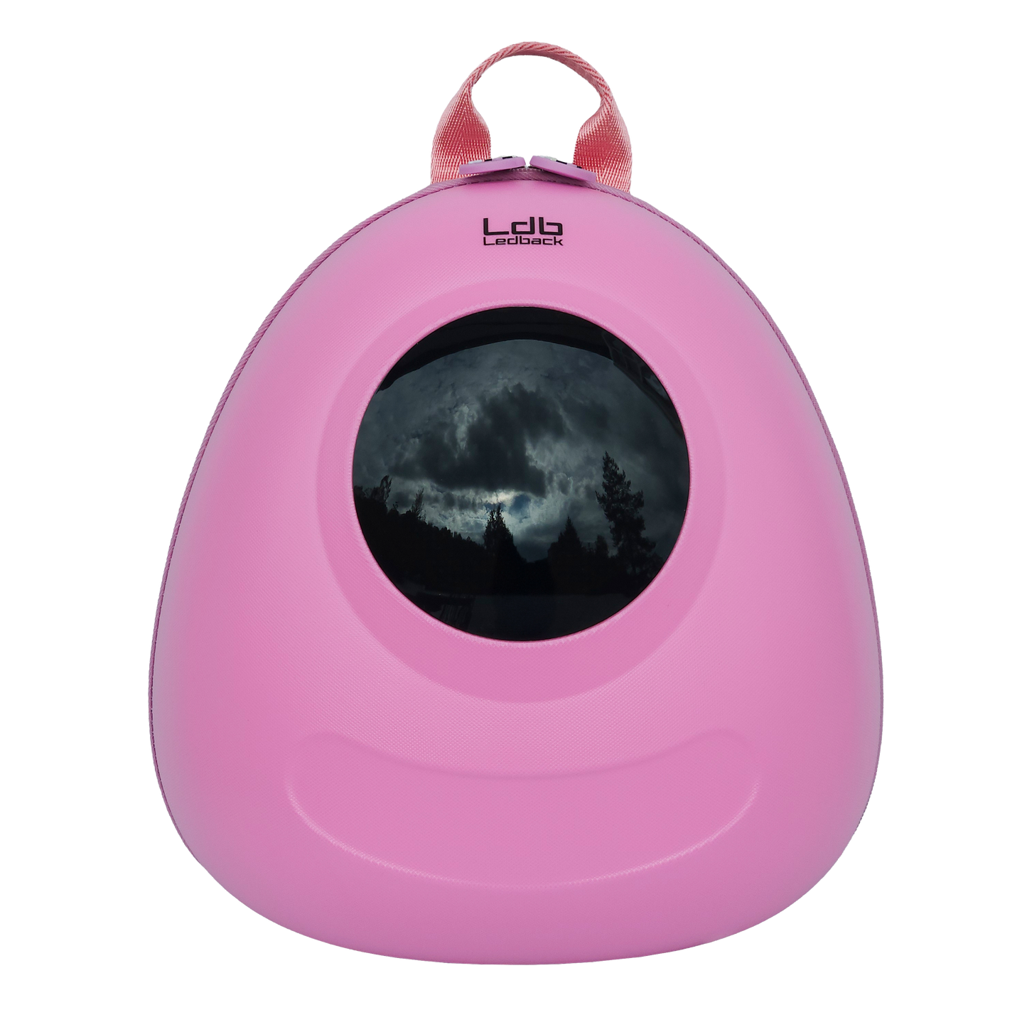 Ldb Ledback Buddy Smart LED Backpack in Raspberry Sorbet Pink with a blacked out round LED screen, shown from the front isolated on a transparent background.