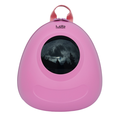 Ldb Ledback Buddy Smart LED Backpack in Raspberry Sorbet Pink with a blacked out round LED screen, shown from the front isolated on a transparent background.