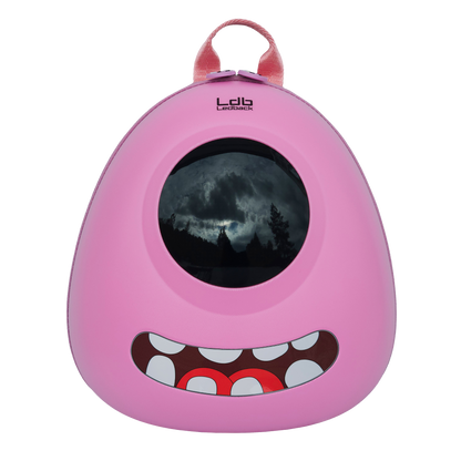 Ldb Ledback Buddy Smart LED Backpack in Raspberry Sorbet Pink with a blacked out round LED screen and a teeth sticker showing a smiling mouth, shown from the front isolated on a transparent background.