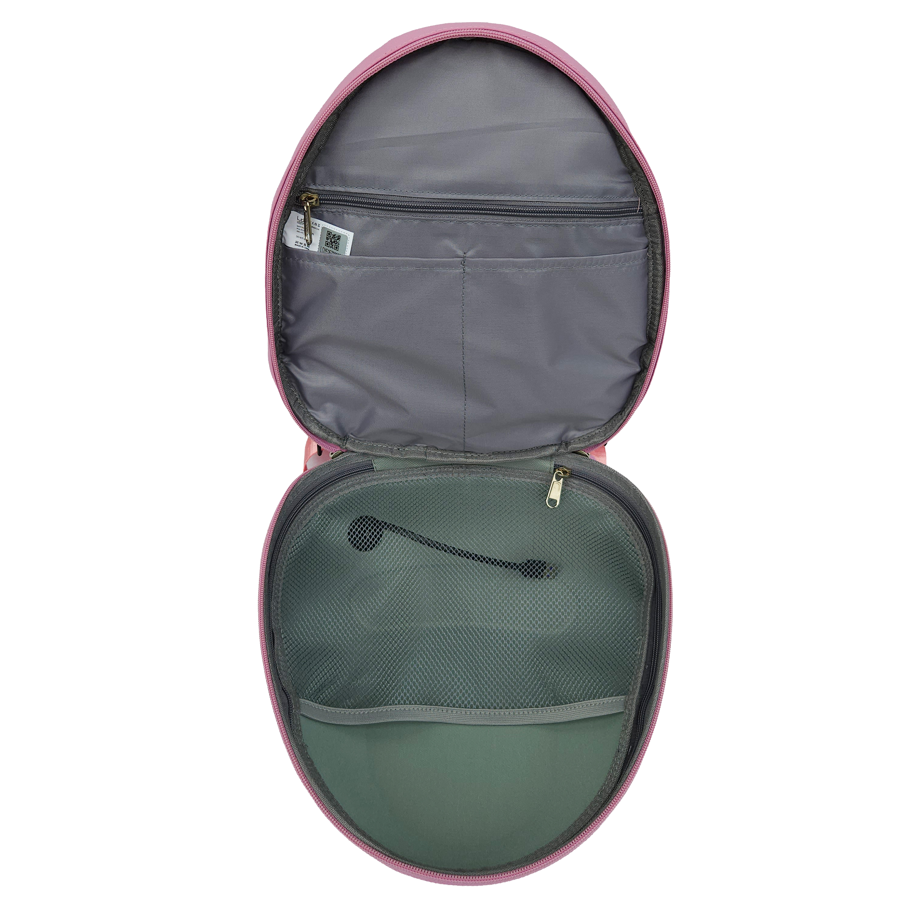 Grey inside of the Ldb Ledback Buddy Smart LED Backpack in Raspberry Sorbet Pink, with 1 large net pocket, 1 large, zipped pocket, and 2 smaller open pockets, shown from above isolated on a transparent background.