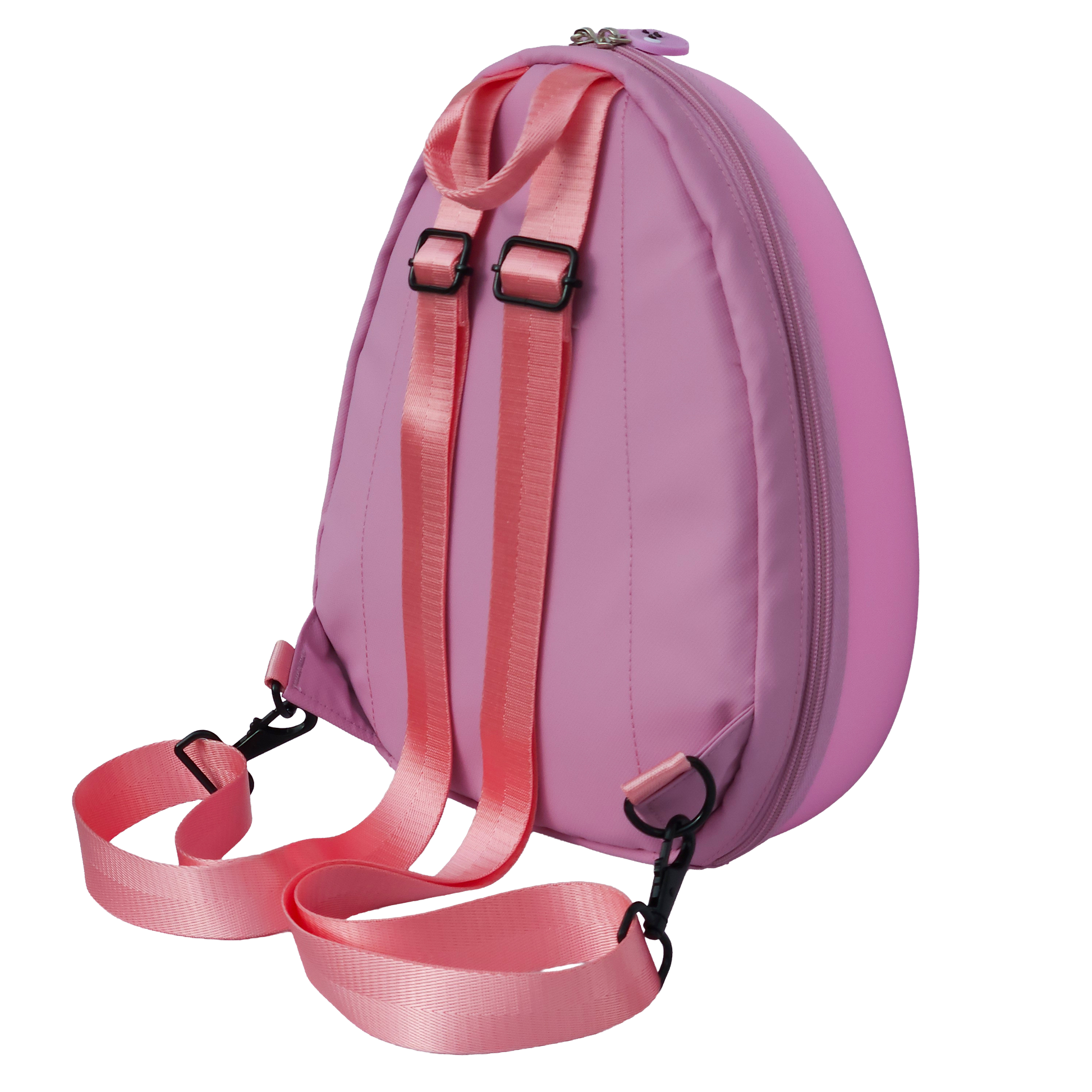 Ldb Ledback Buddy Smart LED Backpack in Raspberry Sorbet Pink shown obliquely from the back isolated on a transparent background.