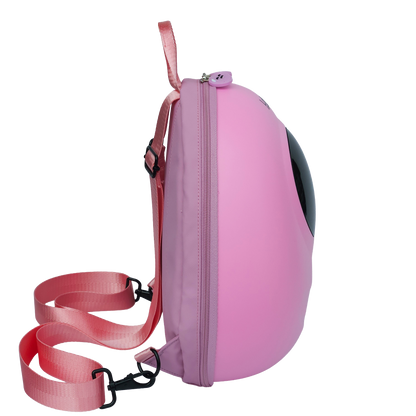 Ldb Ledback Buddy Smart LED Backpack in Raspberry Sorbet Pink with a blacked out round LED screen, shown from the side isolated on a transparent background.