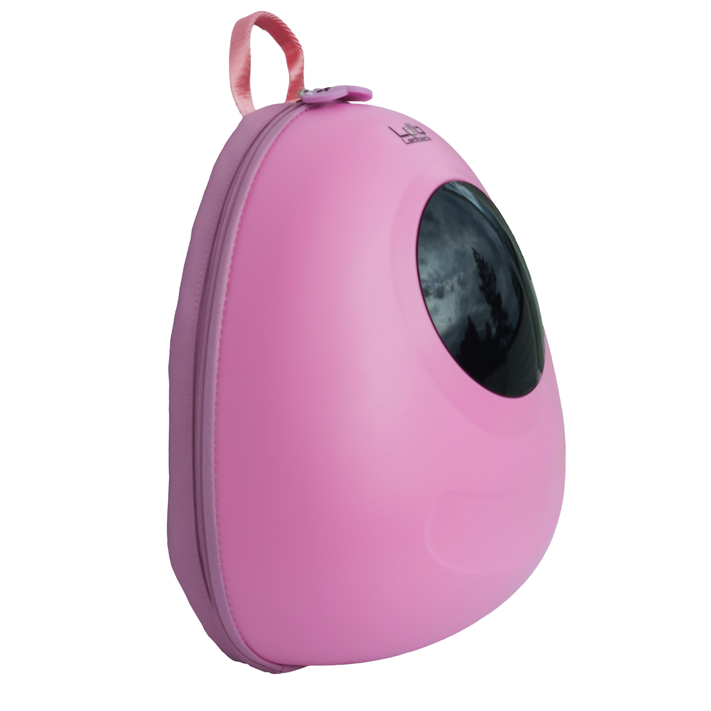 Ldb Ledback Buddy Smart LED Backpack in Raspberry Sorbet Pink with a blacked out round LED screen, shown obliquely from the front isolated on a transparent background.