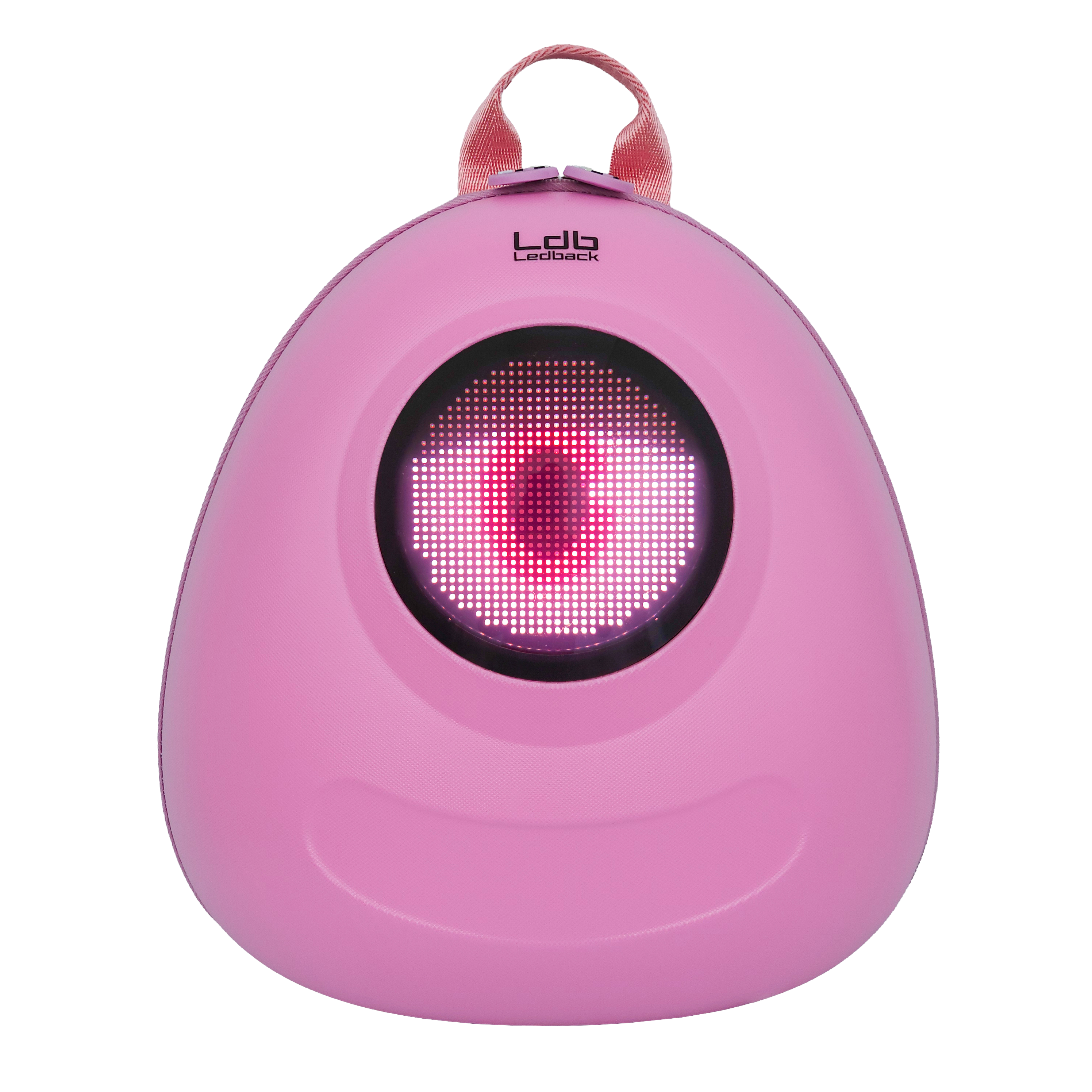 Ldb Ledback Buddy Smart LED Backpack in Raspberry Sorbet Pink with a round LED screen displaying a white eye with a pink and red pupil and a half shut pink eye lid, shown from the front isolated on a transparent background.