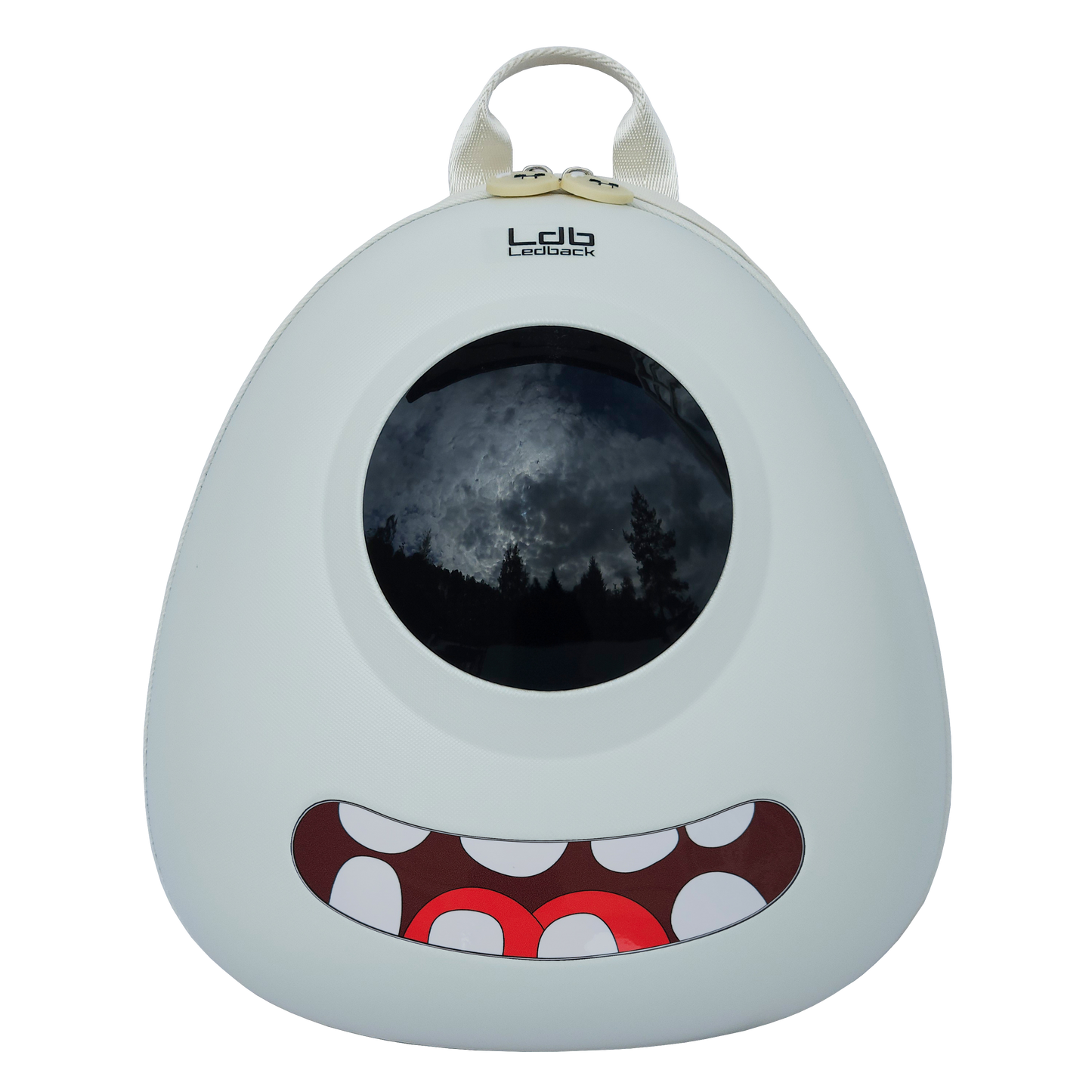 Ldb Ledback Buddy Smart LED Backpack in Whipped Cream White with a blacked out round LED screen and a teeth sticker showing a smiling mouth, shown from the front isolated on a transparent background.