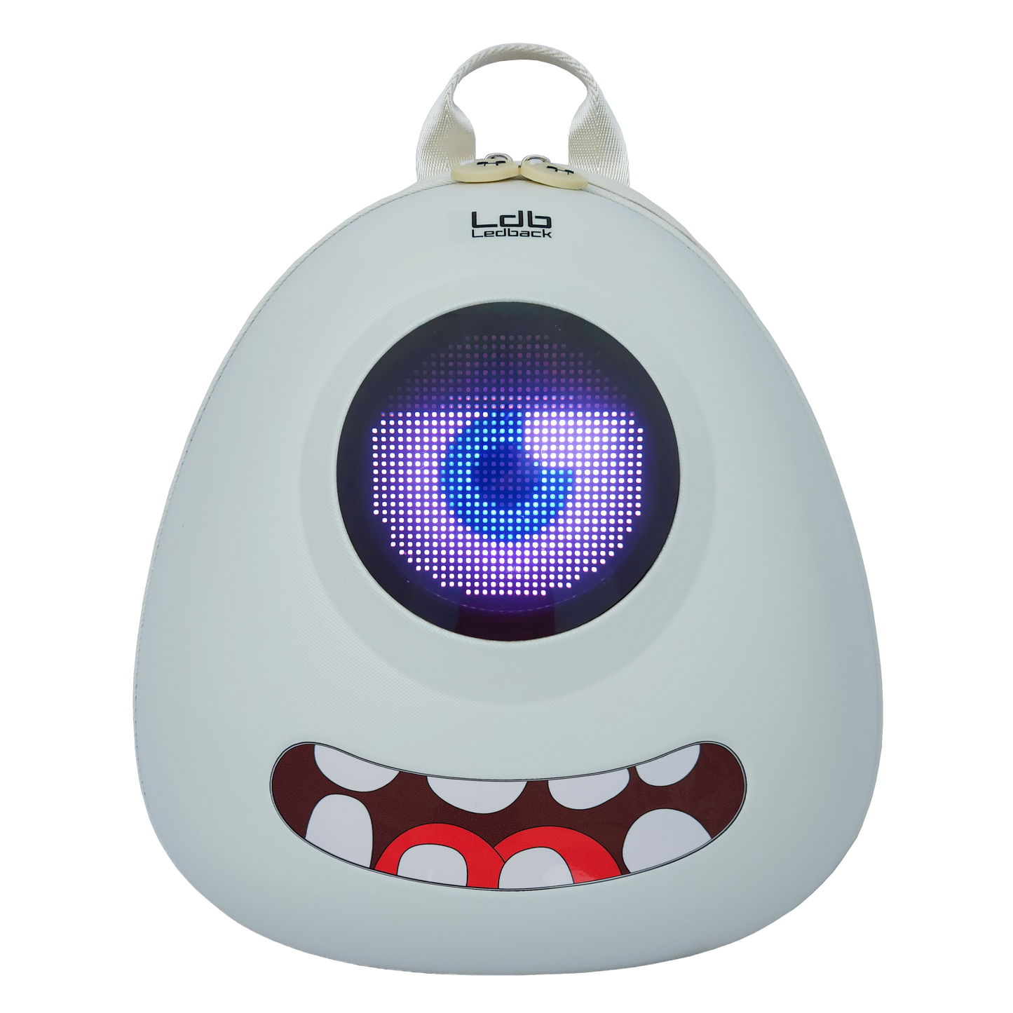 Ldb Ledback Buddy Smart LED Backpack in Whipped Cream White with a round LED screen displaying a white eye with blue pupil and a half shut black eye lid, and a teeth sticker showing a smiling mouth, shown from the front isolated on a transparent background.