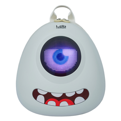 Ldb Ledback Buddy Smart LED Backpack in Whipped Cream White with a round LED screen displaying a white eye with blue pupil and a half shut black eye lid, and a teeth sticker showing a smiling mouth, shown from the front isolated on a transparent background.