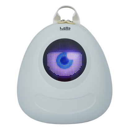 Ldb Ledback Buddy Smart LED Backpack in Whipped Cream White with a round LED screen displaying a white eye with blue pupil and a half shut black eye lid, shown from the front isolated on a transparent background.