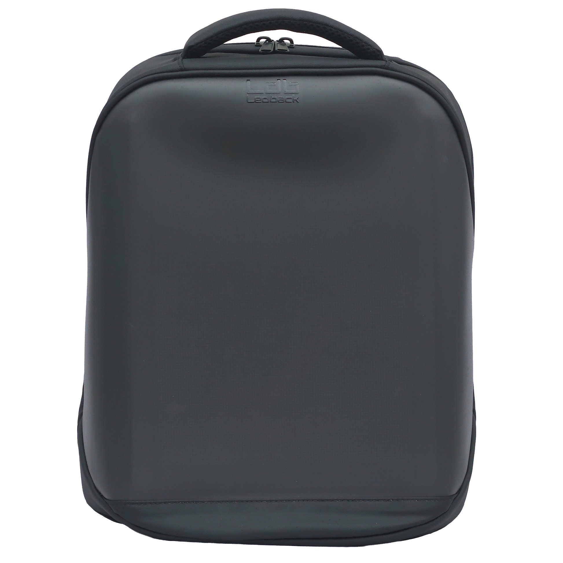 Black Ldb Ledback HD Smart LED Laptop Backpack with sleek design and high-quality piped stitching, viewed from the front isolated on a transparent background.