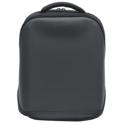 Black Ldb Ledback HD Smart LED Laptop Backpack with sleek design and high-quality piped stitching, viewed from the front isolated on a transparent background.