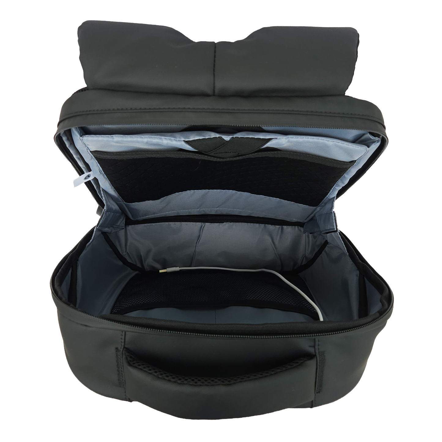 Light blue/grey inside of the Black Ldb Ledback HD Smart LED Laptop Backpack displaying multiple pockets and the white USB cable for the LED screen, viewed from the top isolated on a transparent background.