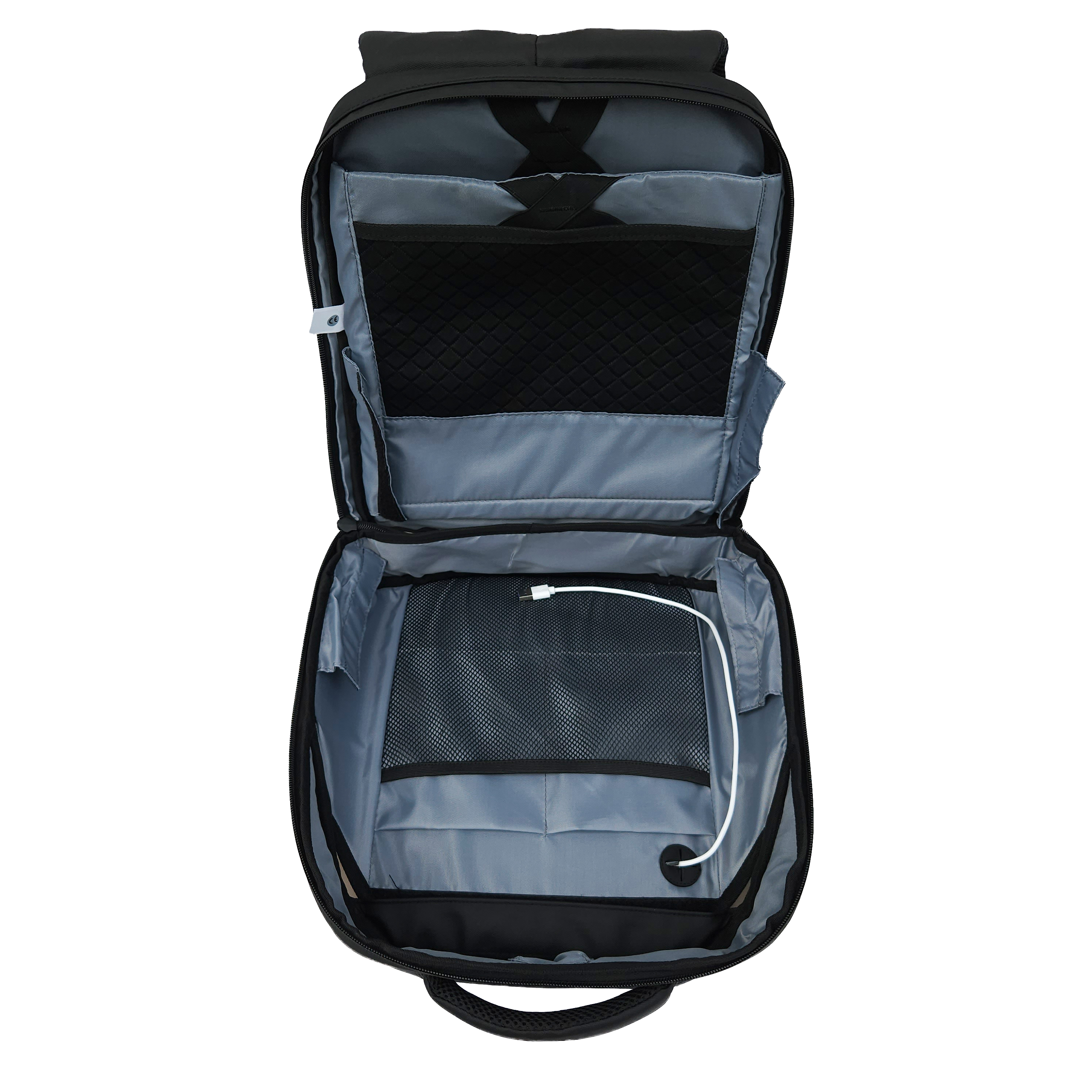 Open and expanded inside of the Black Ldb Ledback HD Smart LED Laptop Backpack displaying light blue/grey interior with multiple pockets and the white USB cable for the LED screen, viewed isolated on a transparent background.