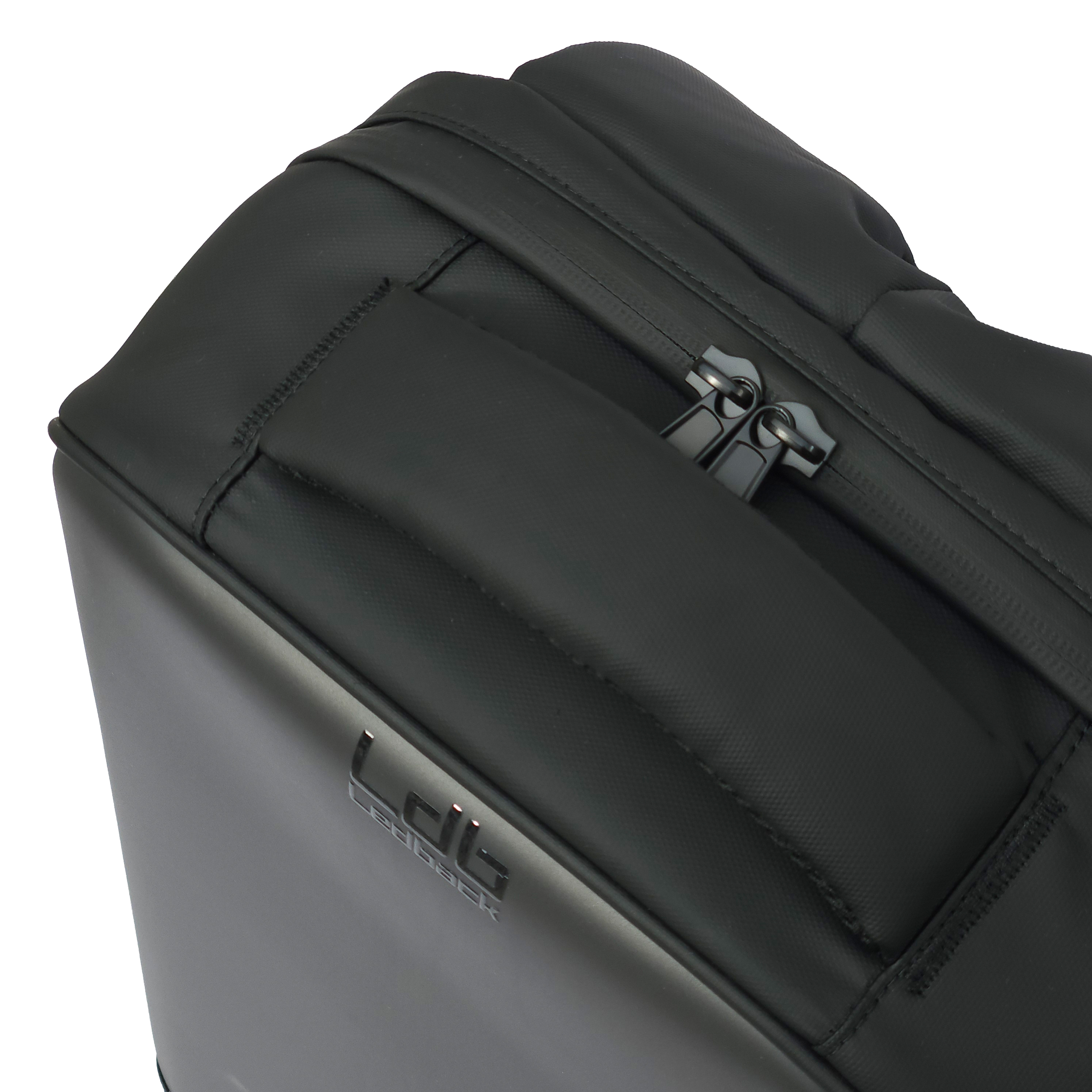 Top handle in leatherette, and double zipper, on the Black Ldb Ledback HD Smart LED Laptop Backpack.
