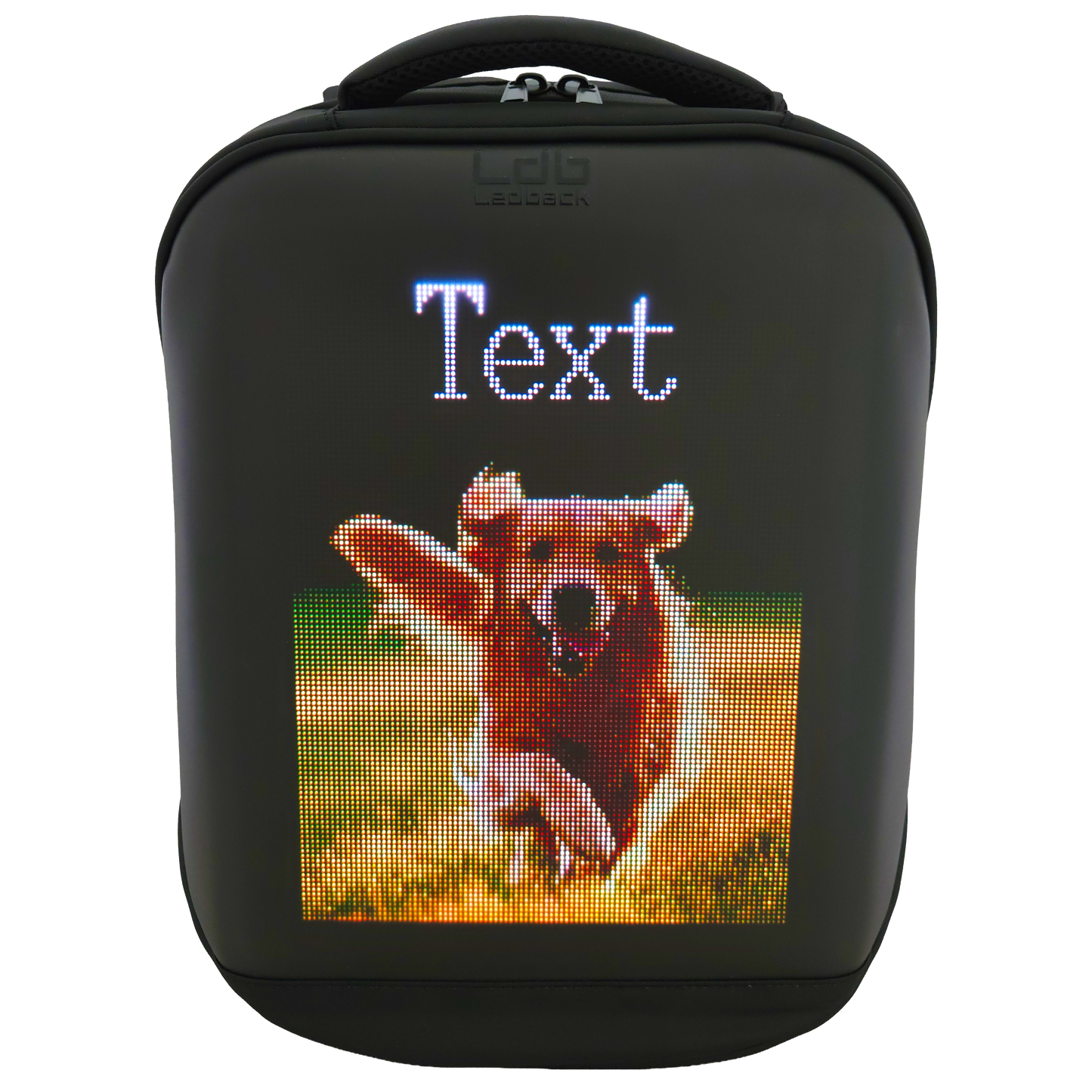 Black Ldb Ledback HD Smart LED Laptop Backpack with the LED screen displaying a picture of a golden retriever running through a sunny field, with an additional text field above the picture, viewed from the front isolated on a transparent background.