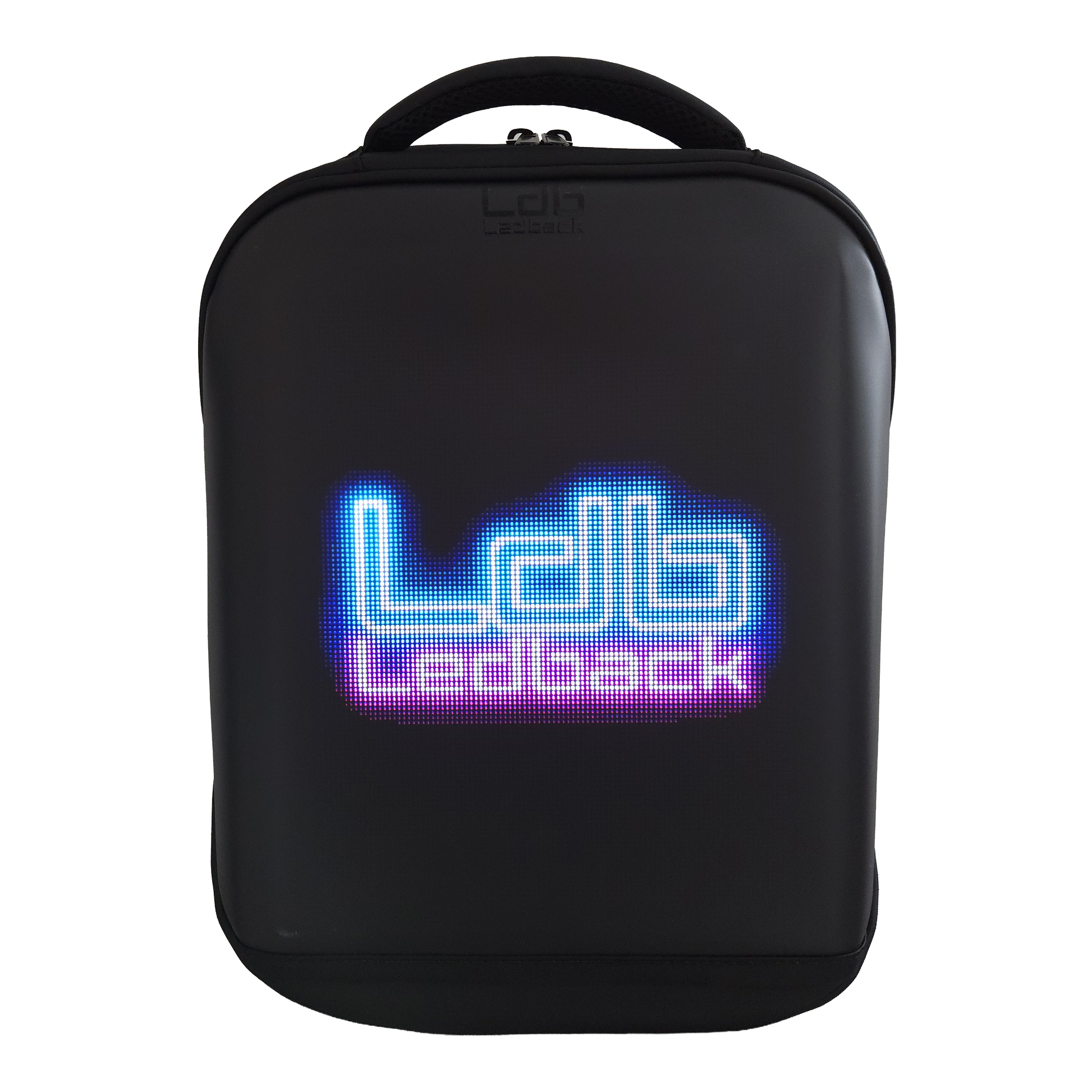 Black Ldb Ledback HD Smart LED Laptop Backpack with the LED screen showing the Ldb Ledback logo in Blue and Pink, viewed obliquely from the front isolated on a transparent background.