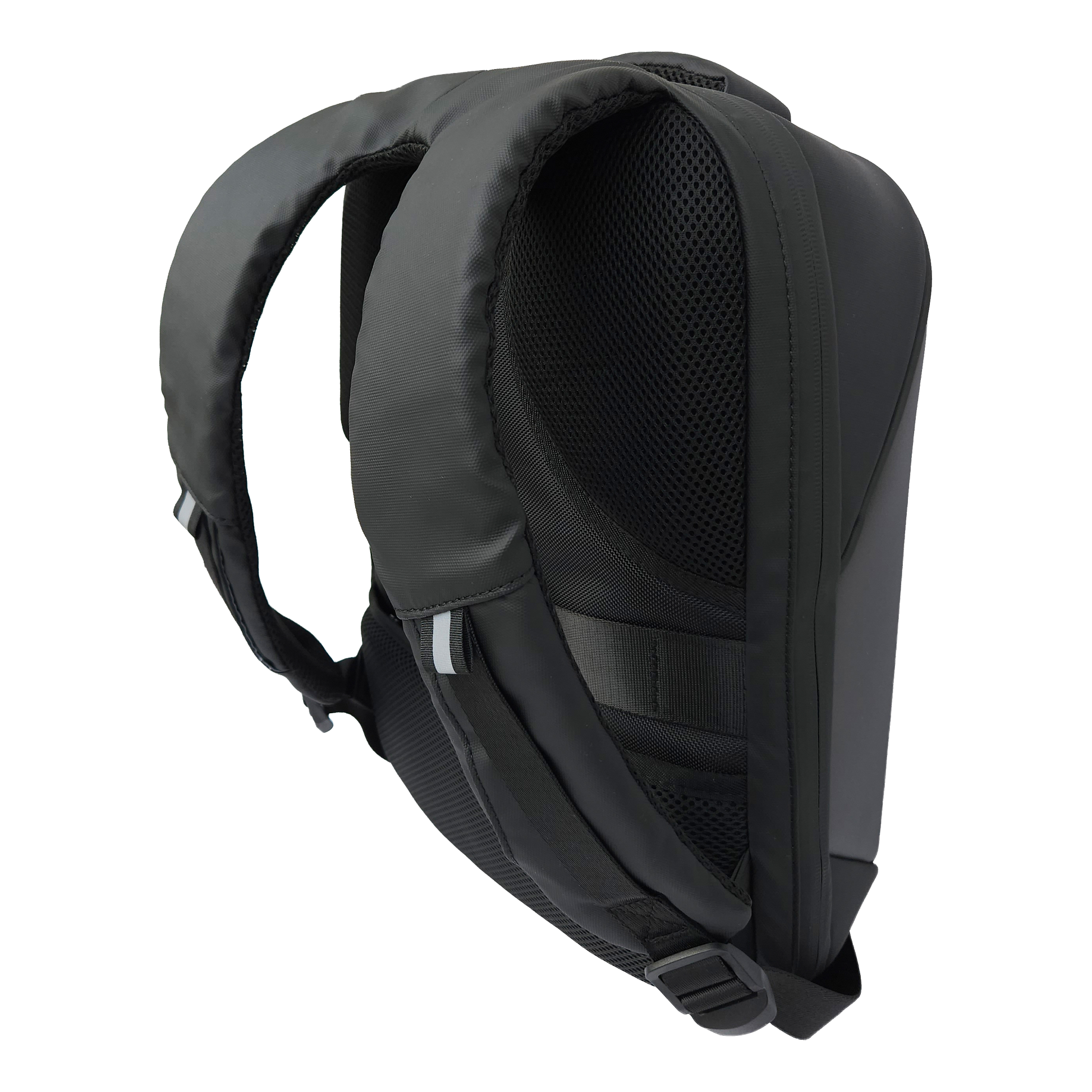 Black Ldb Ledback HD Smart LED Laptop Backpack viewed obliquely from the back, displaying padded back, padded shoulder straps and sleek design isolated on a transparent background.